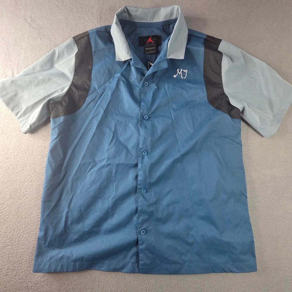 Jordan Flight Club Mens Small Blue Grey Bowling Shirt MJ Embroidery Button Down